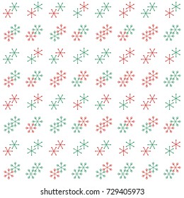 Christmas seamless background with random scatter falling red and green snowflakes isolated on white.
