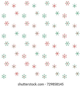 Christmas seamless background with random scatter falling red and green snowflakes isolated on white.
