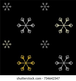 Christmas seamless background with random scatter falling silver and gold snowflakes isolated on black.