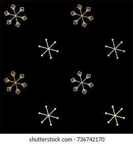 Christmas seamless background with random scatter falling silver and gold snowflakes isolated on black.