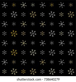 Christmas seamless background with random scatter falling silver and gold snowflakes isolated on black.