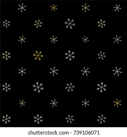Christmas seamless background with random scatter falling silver and gold snowflakes isolated on black.