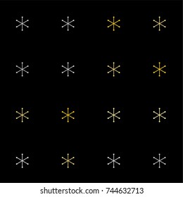 Christmas seamless background with random scatter falling silver and gold snowflakes isolated on black.