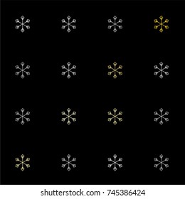 Christmas seamless background with random scatter falling silver and gold snowflakes isolated on black.