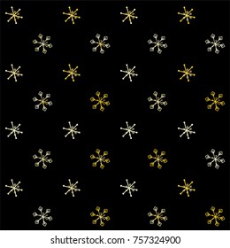 Christmas seamless background with random scatter falling golden snowflakes isolated on black.