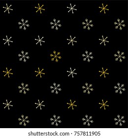 Christmas seamless background with random scatter falling golden snowflakes isolated on black.
