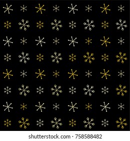 Christmas seamless background with random scatter falling golden snowflakes isolated on black.