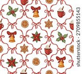 Christmas seamless background with red bow, poinsettia flower and bell