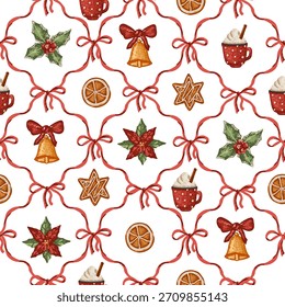 Christmas seamless background with red bow, poinsettia flower and bell