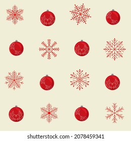 Christmas seamless background with red hanging balls and snowflakes on beige background. For decoration textile, packaging.