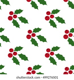 Christmas Seamless Background of Red Holly Berries and  Green Leaves on white background. Vector illustration