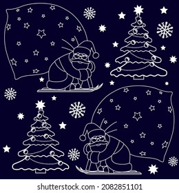 Christmas seamless background with Santa Claus by ski with a big sack and a Christmas tree. Christmas gift wrapping paper. Vector illustration