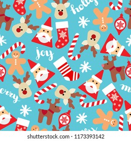 Christmas seamless background with Santa, socks, gift boxes and candy canes. Vector seamless flat pattern with icons of Happy New Year and Christmas Day