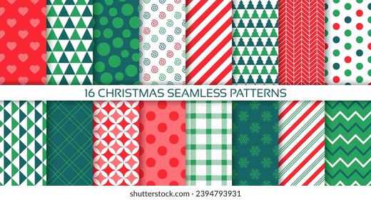 Christmas seamless background. Set holiday patterns. Endless print with zigzag, check, snowflake, stripes. Red green Xmas design. Collection festive textures for wrapping papers. Vector Illustration.