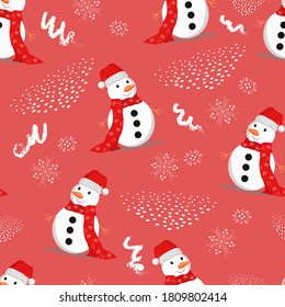 Christmas seamless background with snowman, snowflake on red background