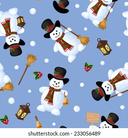 Christmas seamless background with snowmen on blue. Vector illustration.