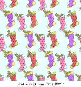 Christmas seamless background with Christmas socks on a blue background