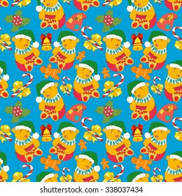  Christmas Seamless background with Teddy Bear, ginger cookies, Holly, Christmas bell,  candy. Hand drawn vector illustration.