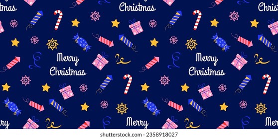Christmas seamless background with text. Firecracker, candy cane, snowflakes, stars and other festive Christmas elements. Vector background in flat style. For printing on wrapping paper, textiles.