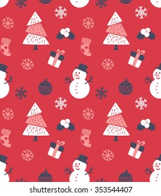 Christmas seamless background with tree and snowman 