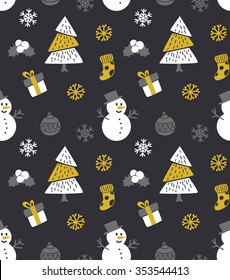 Christmas seamless background with tree and snowman 