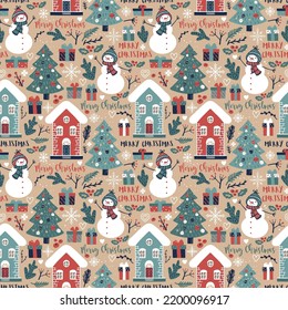 Christmas seamless background with Christmas tree, snowmen, winter houses and lettering MERRY CHRISTMAS. Hand drawing in scandi style