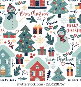 Christmas seamless background with Christmas tree, snowmen, winter houses and lettering MERRY CHRISTMAS. Hand drawing in scandi style