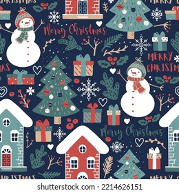 Christmas seamless background with Christmas tree, snowmen, winter houses and lettering MERRY CHRISTMAS. Hand drawing in scandi style