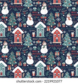 Christmas seamless background with Christmas tree, snowmen, winter houses and lettering MERRY CHRISTMAS. Hand drawing in scandi style