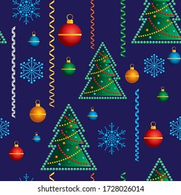 Christmas seamless background. Christmas tree with Christmas toys, snowflakes. Ideal for Holiday Paper and Fabric Print or packaging decoration holiday 