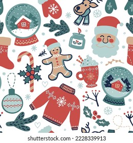 La Navidad es un telón de fondo sin costuras con sudaderas feas, santa, globo de nieve, ciervo, jengibre, velas, mitones y dulces. Dibujo manual al estilo de scandi