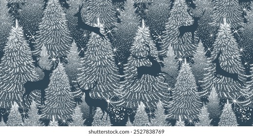 Natal sem emenda fundo floresta de inverno e veados. Fundo de inverno. Pinho, abeto, árvore de natal. Árvores gráficas nevadas vista panorama padrão sem costura. desenho à mão. Não AI, Ilustrações vetoriais