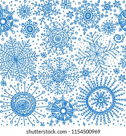 Christmas seamless background. Winter seasonal symbols pattern. Doodle snowflakes wallpapers. Snow flakes ornament.