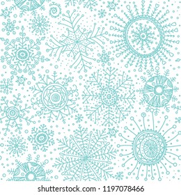 Christmas seamless background. Winter seasonal symbols pattern. Doodle snowflakes wallpapers. Snow flakes ornament.