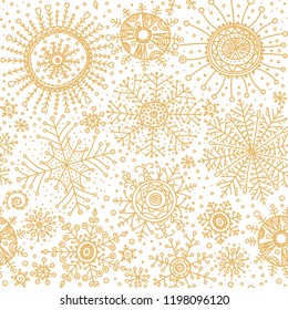 Christmas seamless background. Winter seasonal symbols pattern. Doodle golden snowflakes wallpapers. Snow flakes ornament.
