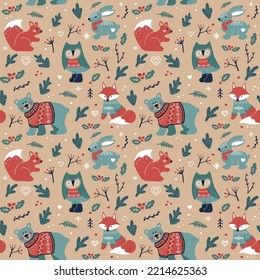 Christmas seamless background withforest animals - bear, owl, squirrel, fox. Hand drawing in scandi style