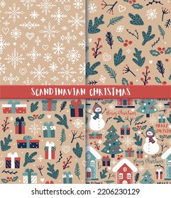 Christmas seamless backgrounds with Christmas tree, snowmen, winter houses and lettering MERRY CHRISTMAS. Hand drawing in scandi style