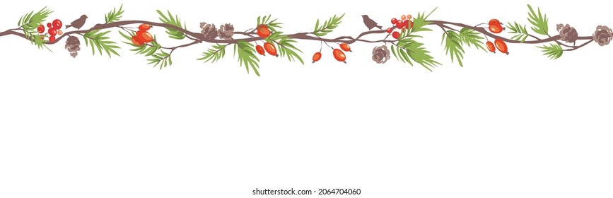 Christmas seamless backgrounds. Vector illustration with fir branches, red berries and cones.	
