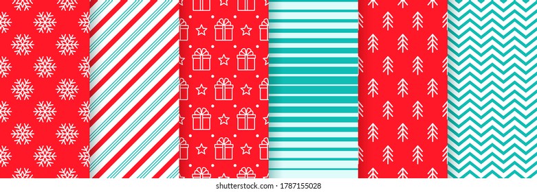 Los antecedentes de Navidad son impecables. Vector. Patrón de año nuevo de Navidad. Impresiones con franja de caña de caramelo, copo de nieve, caja de regalo, árbol y zigzag. Establecer texturas festivas. Papel de embalaje de vacaciones. Ilustración verde roja