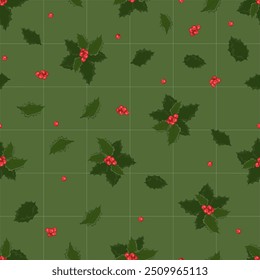 Christmas seamless background,Seamless Pattern Green leaves,red berries on white checkerboard texture,Christmas holly berry on green background  background for wallpaper,textile,invitation,xmas card