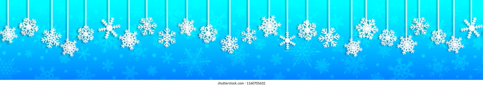 Christmas seamless banner with white hanging snowflakes with shadows on light blue background