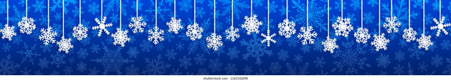 Christmas seamless banner with white hanging snowflakes with shadows on blue background