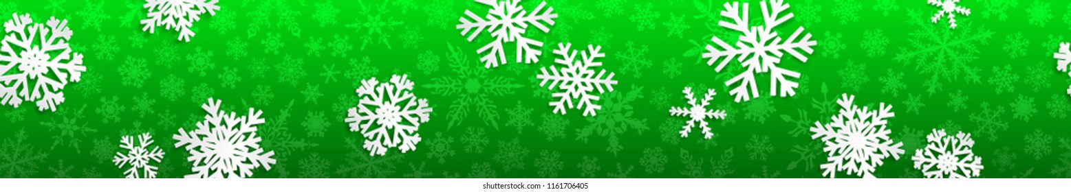 Christmas seamless banner with white snowflakes with shadows on green background