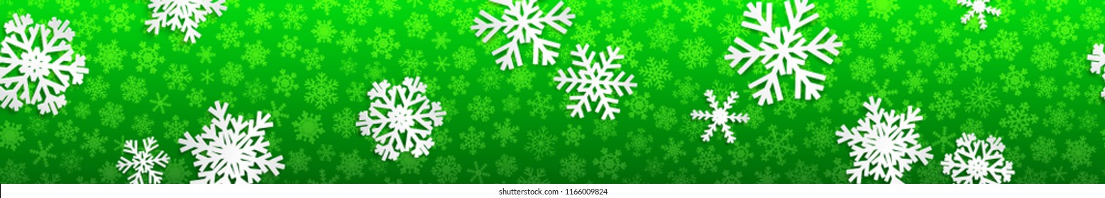 Christmas seamless banner with white snowflakes with shadows on green background