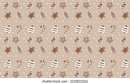 Christmas seamless beige pattern with gingerbread tree, man, snowflakes and lollipop. Festive composition for the New Year.