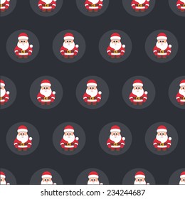 Christmas seamless black background pattern with Santa Claus for Christmas websites and cheerful postcards in a flat style.