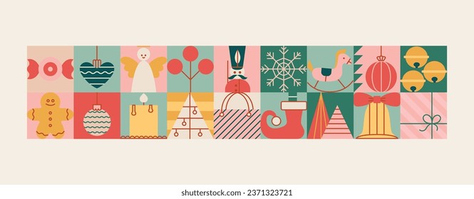 Banner navideño sin fisuras con juguetes, bolas, estrellas, ángel, árbol, caramelos. Borde de estilo vintage.