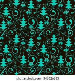  Christmas seamless blue ornate pattern with Christmas tree and bells. For Christmas and New Year celebration. Vector illustration. 
