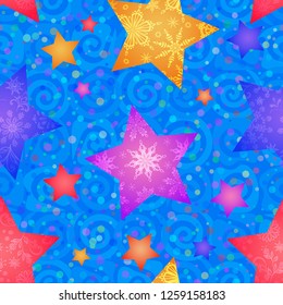 Christmas Seamless Blue Pattern for Holiday Design Colorful Stars with Flowers and Snowflakes on Tile Background with Spirals. Vector