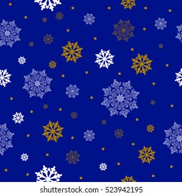 Christmas seamless blue pattern with white and brown snowflakes. Vector illustration.